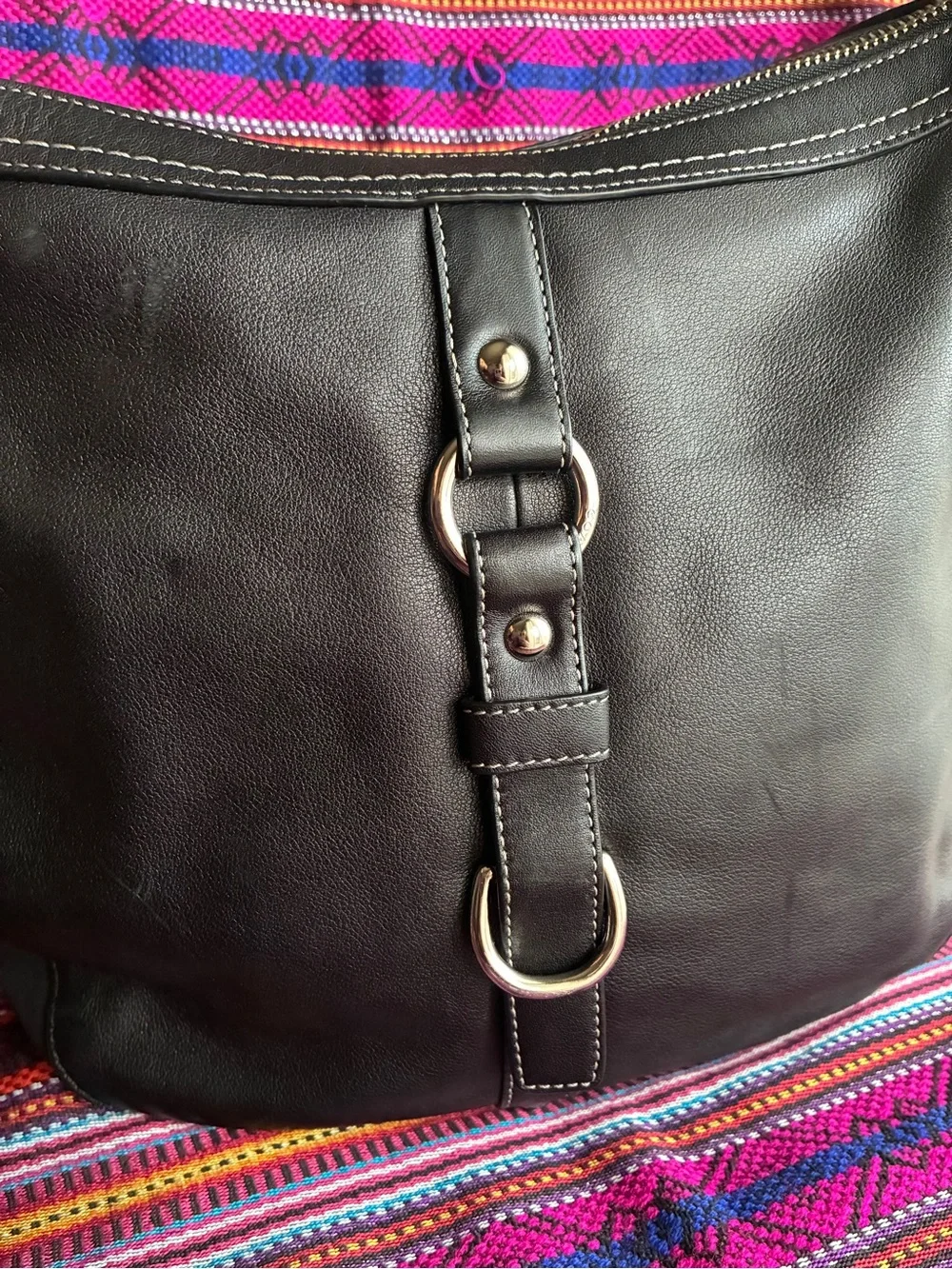 Coach Black Leather Crossbody with Silver Ring Detail